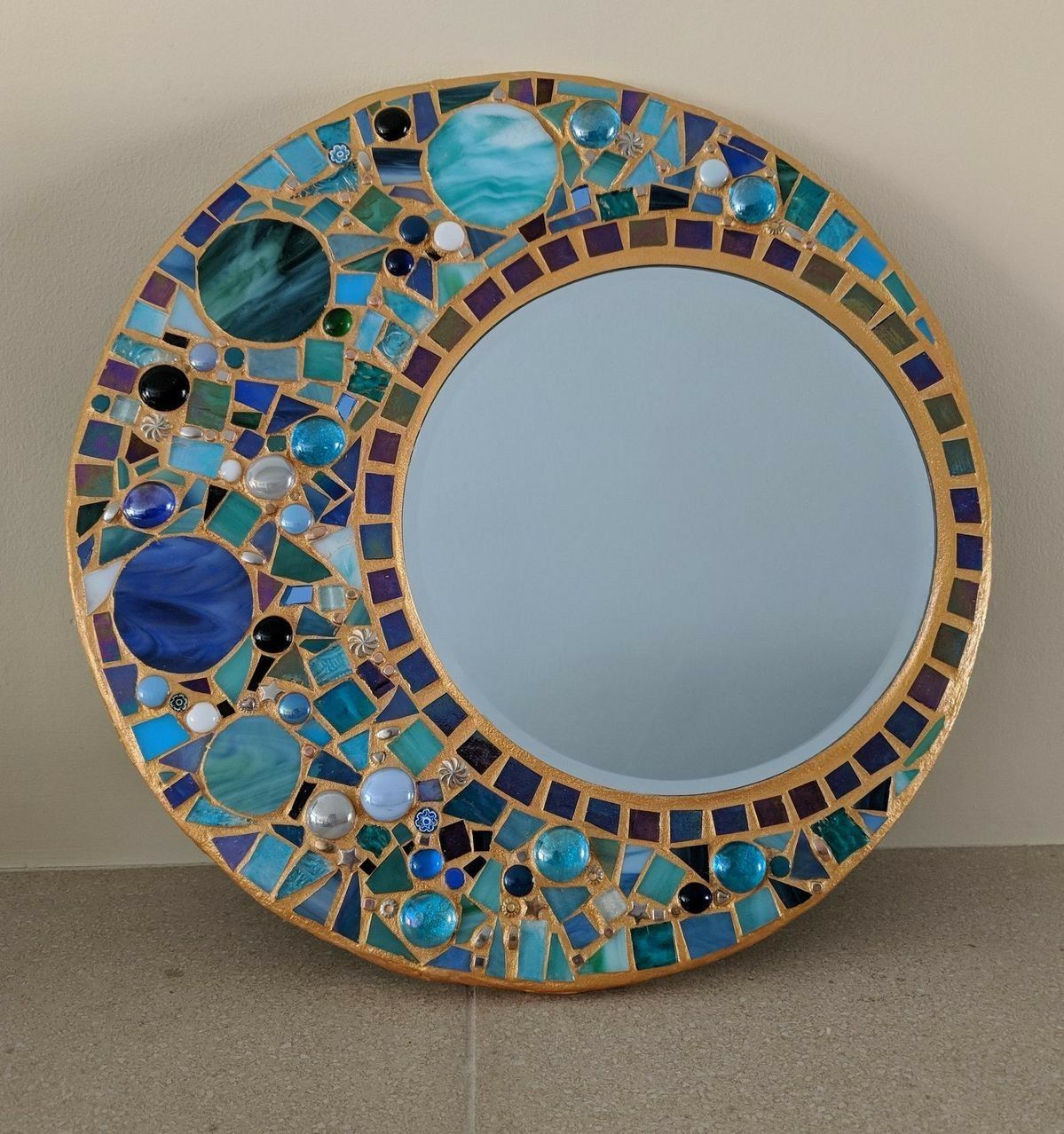 Blue and gold handcrafted mosaic mirror by Jun and Rada Studio